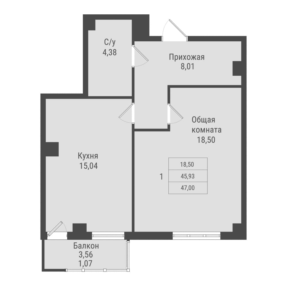 1 комн., 47.0 м²