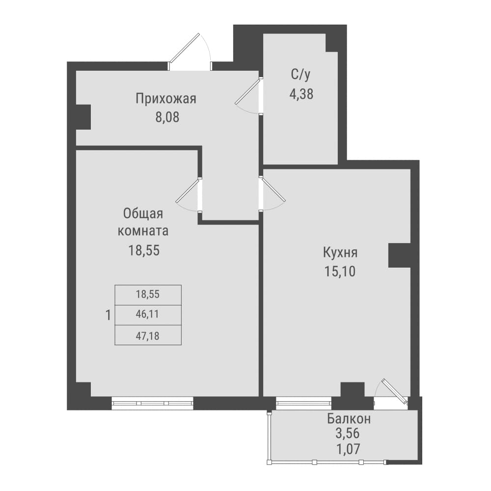 1 комн., 47.2 м²