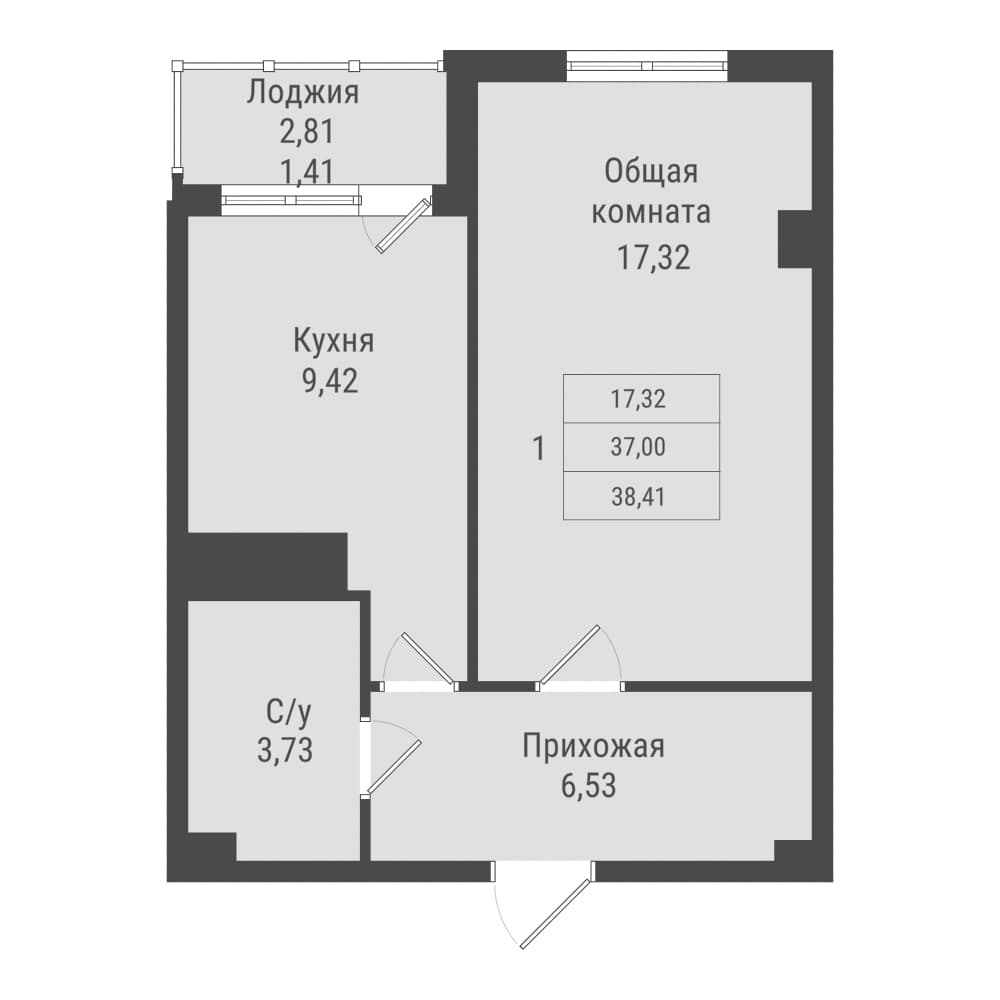 1 комн., 38.4 м²