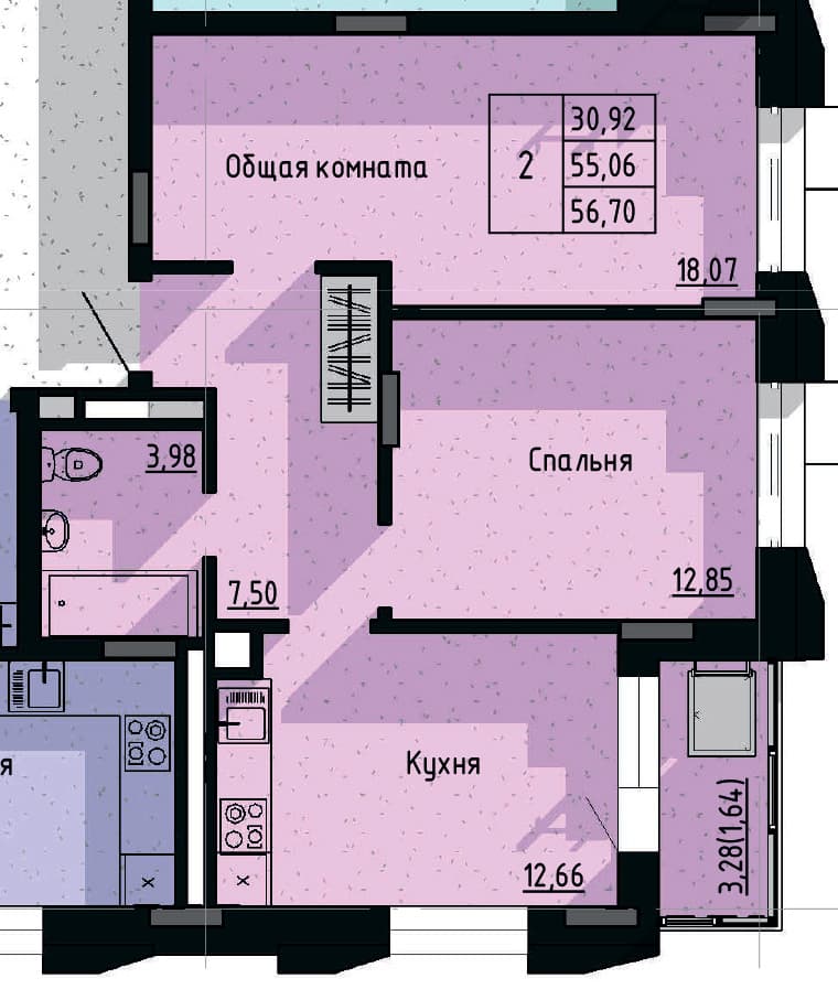 2 комн., 56.7 м²