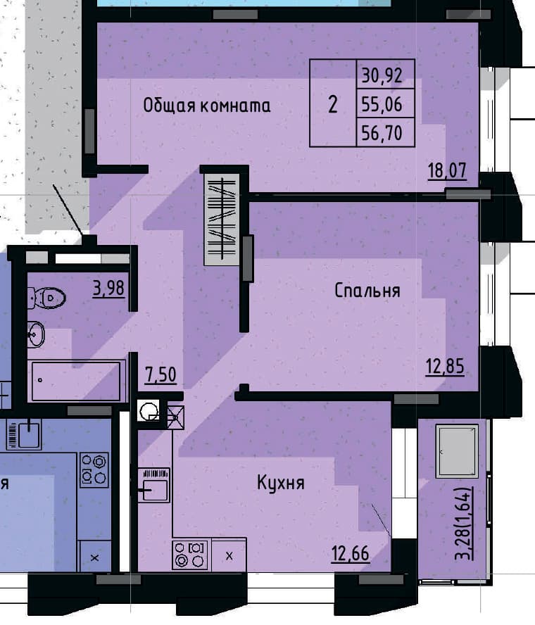 2 комн., 56.7 м²