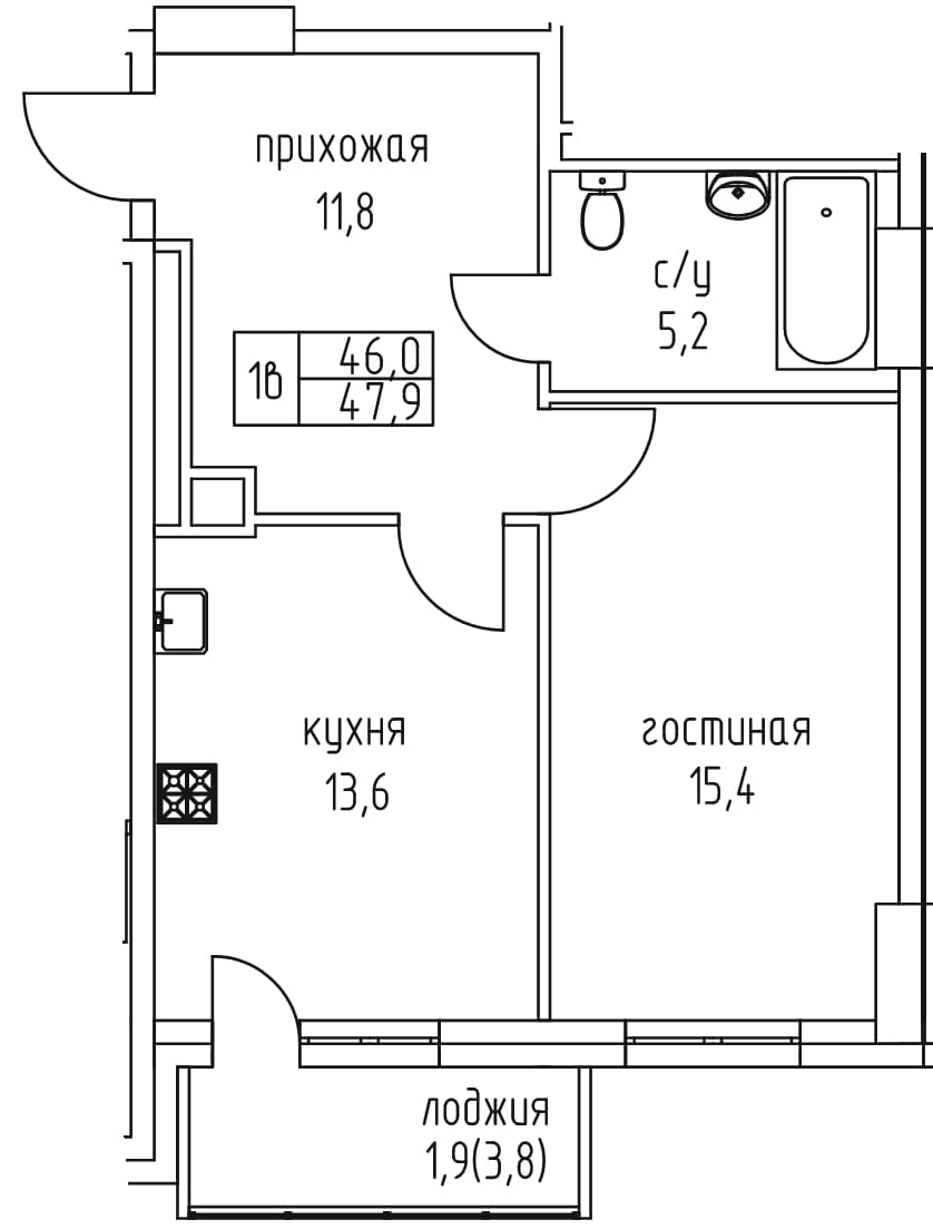 1 комн., 47.9 м²