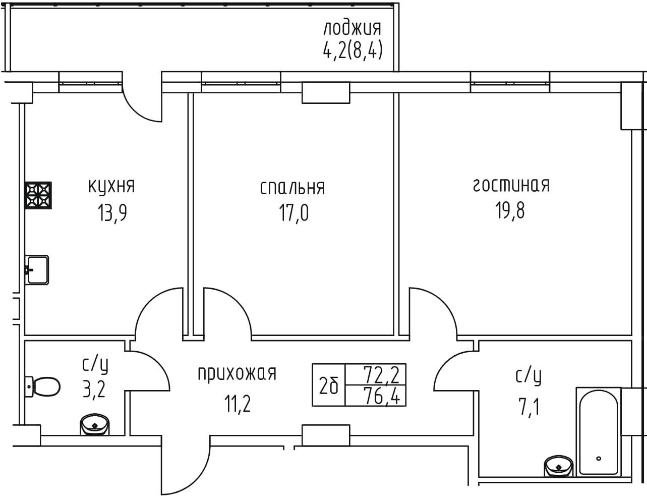 2 комн., 76.4 м²