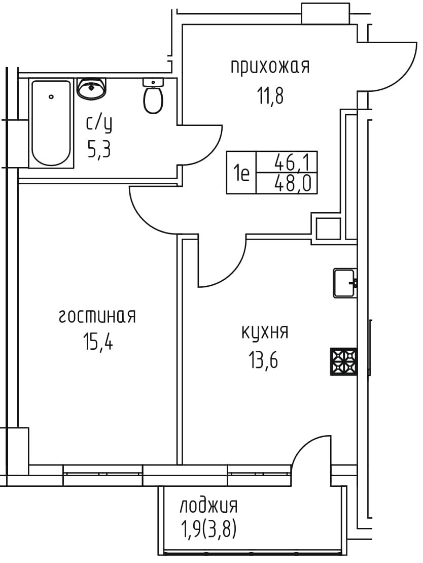 1 комн., 48.0 м²