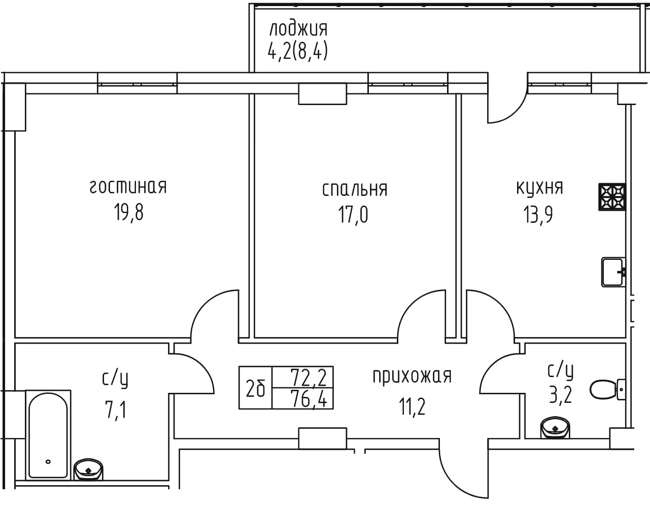 2 комн., 76.4 м²