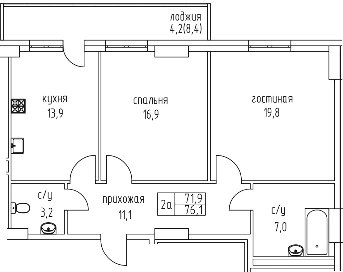 2 комн., 76.1 м²