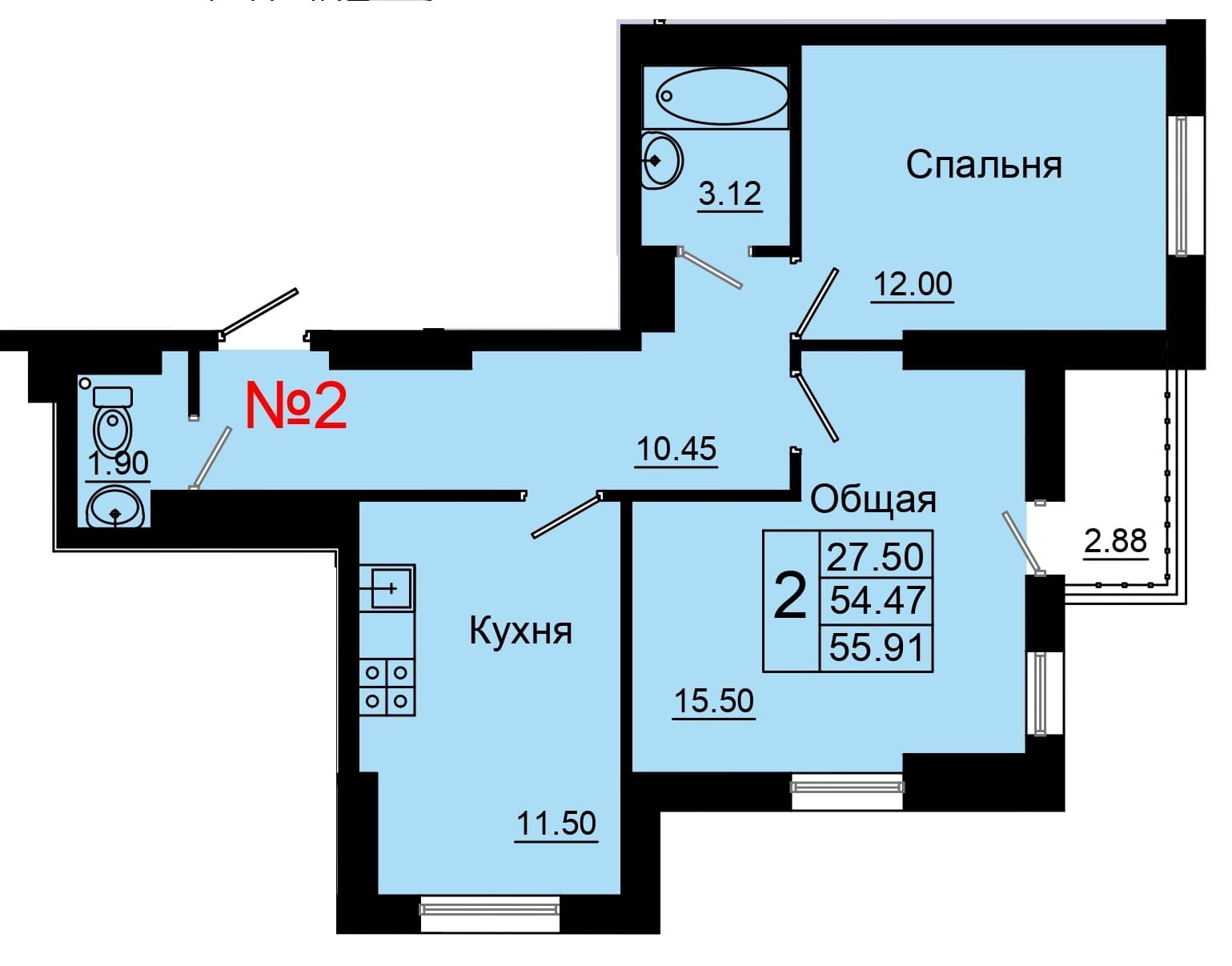 2 комн., 56.0 м²