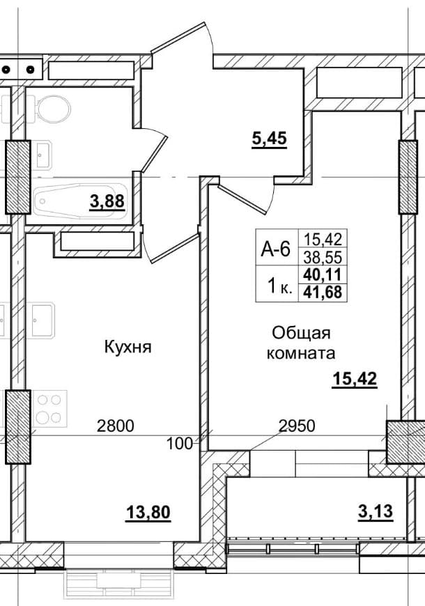 1 комн., 40.8 м²