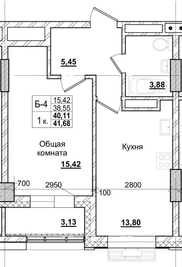 1 комн., 40.7 м²