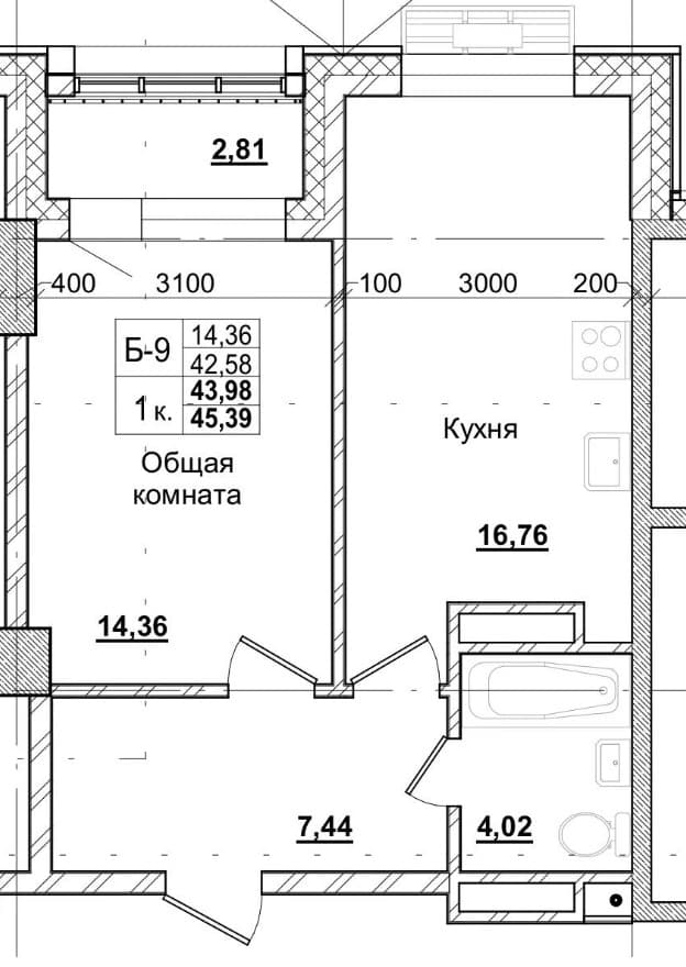 1 комн., 44.4 м²