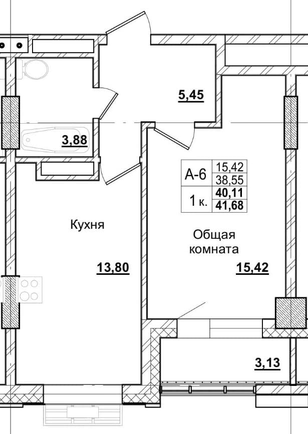 1 комн., 40.5 м²