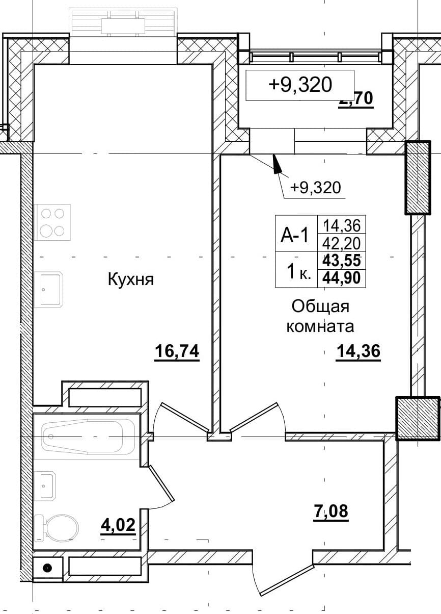 1 комн., 44.1 м²