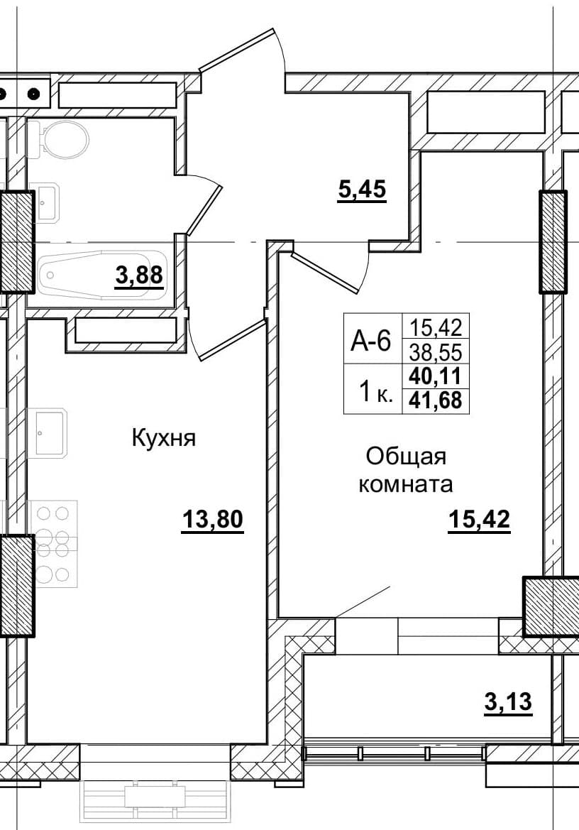 1 комн., 40.3 м²