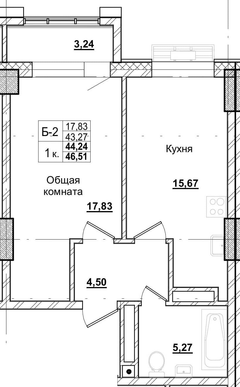 1 комн., 44.5 м²