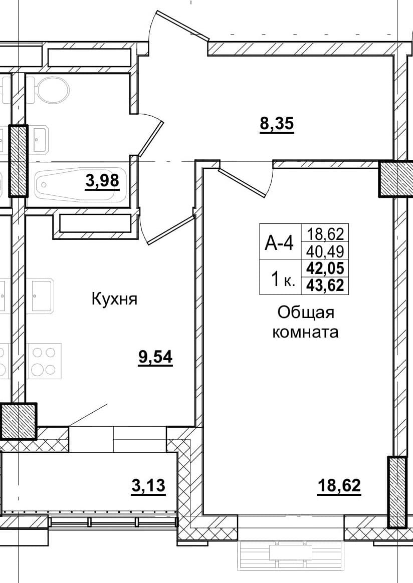 1 комн., 39.8 м²