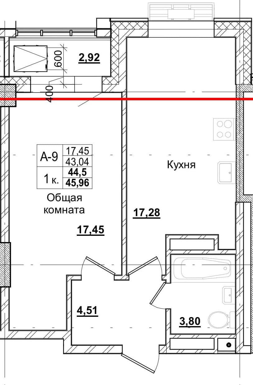 1 комн., 44.4 м²