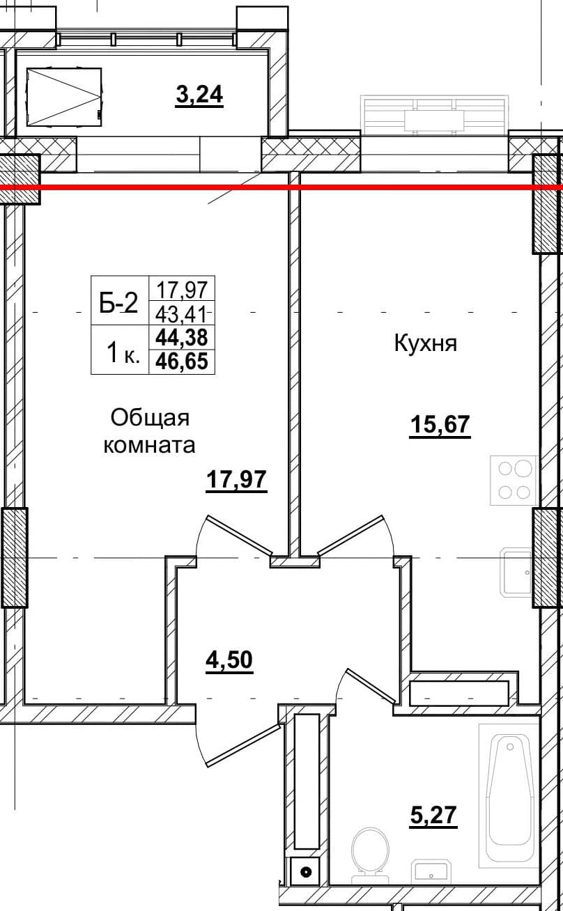 1 комн., 44.5 м²