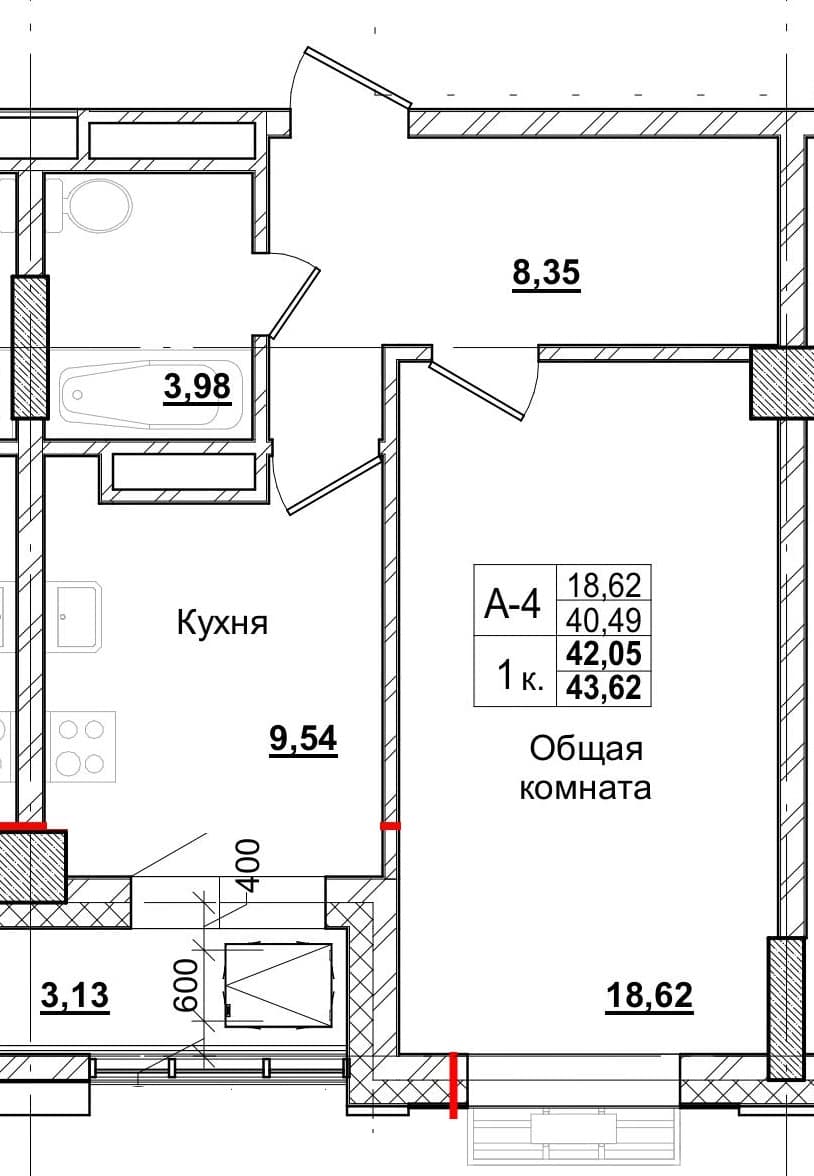 1 комн., 39.8 м²