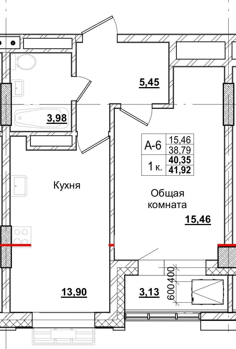 1 комн., 40.3 м²