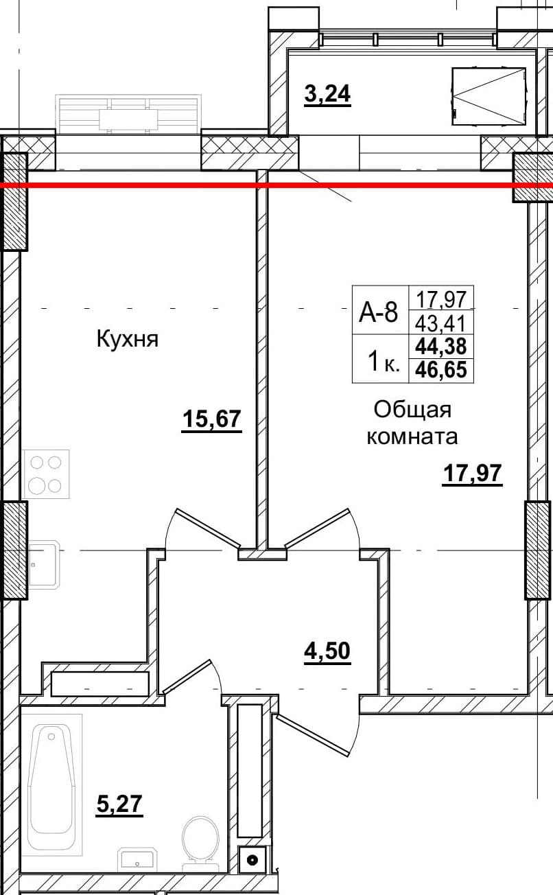 1 комн., 44.5 м²