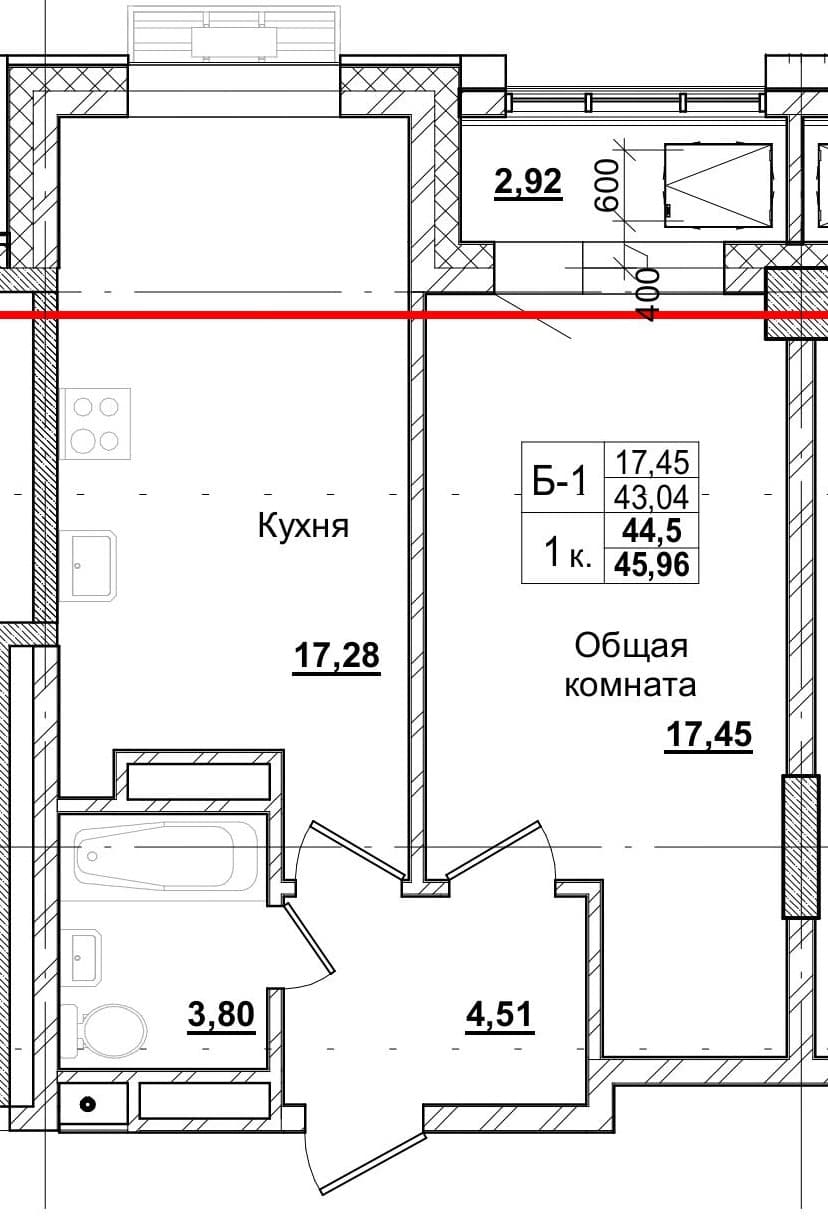 1 комн., 44.3 м²