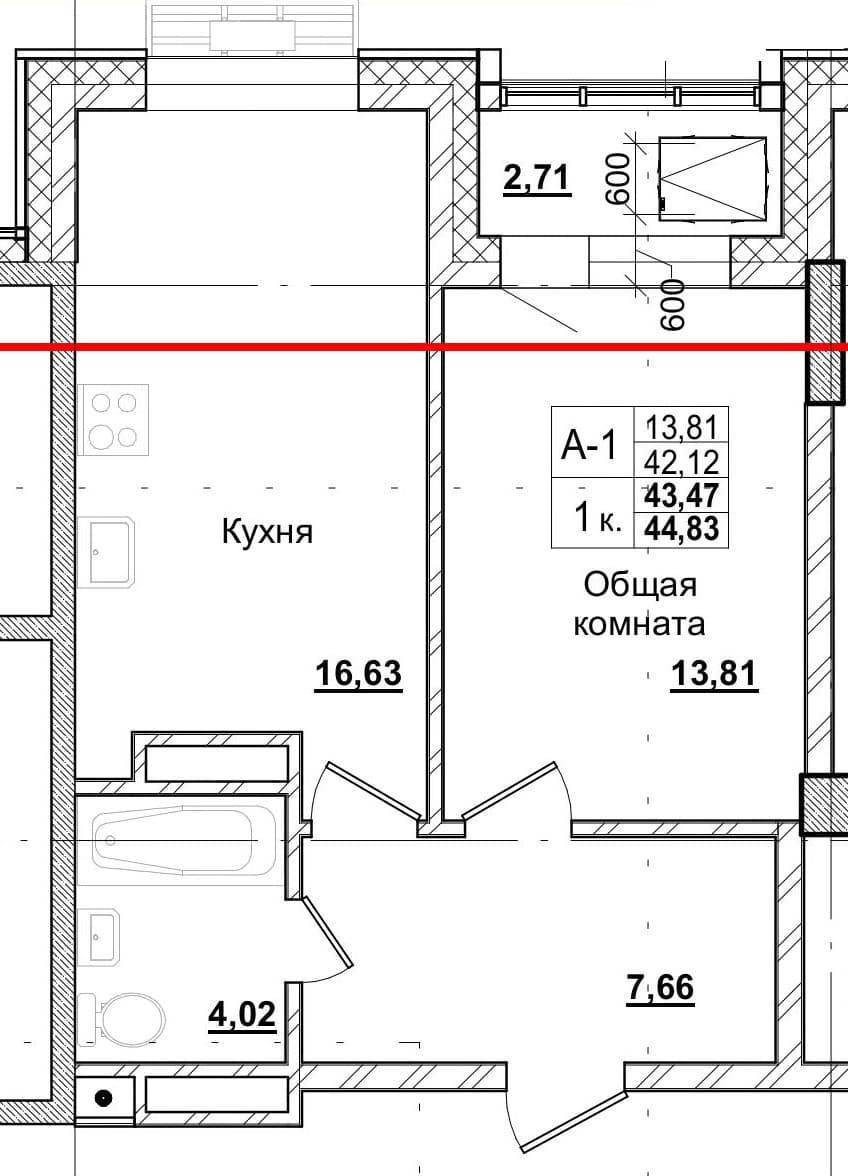 1 комн., 43.4 м²