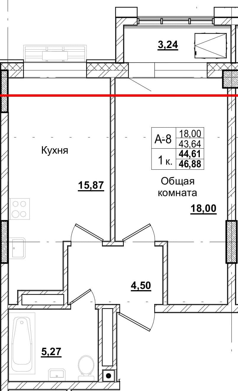 1 комн., 44.3 м²