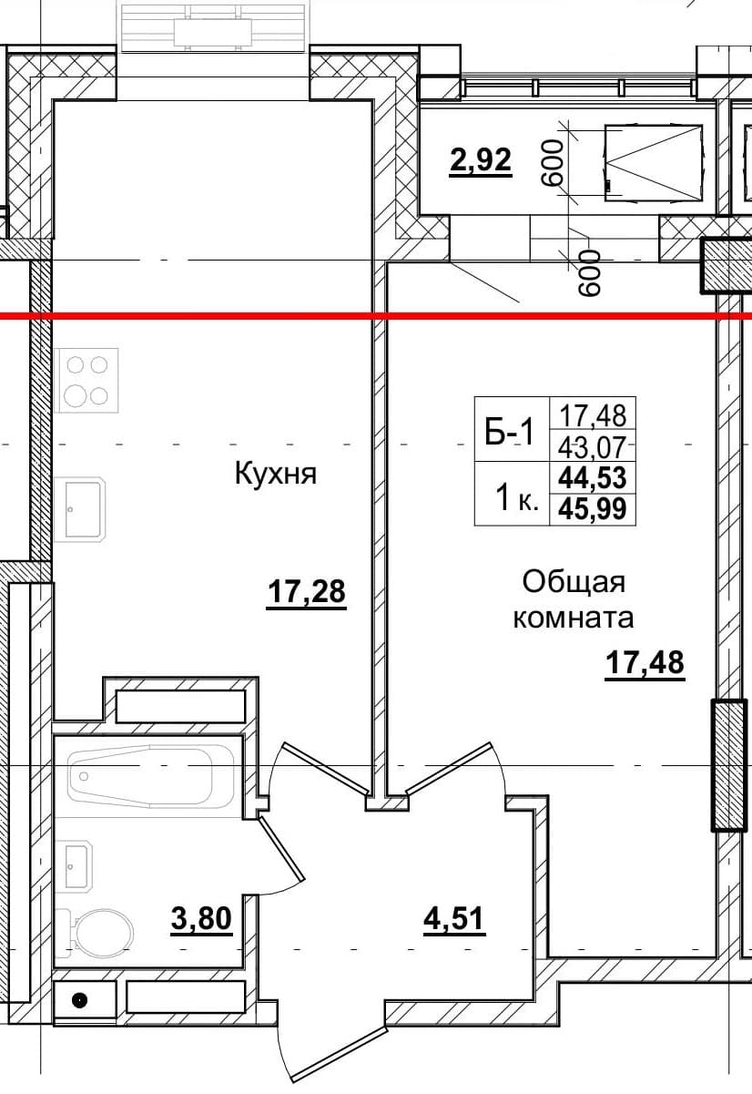 1 комн., 44.2 м²
