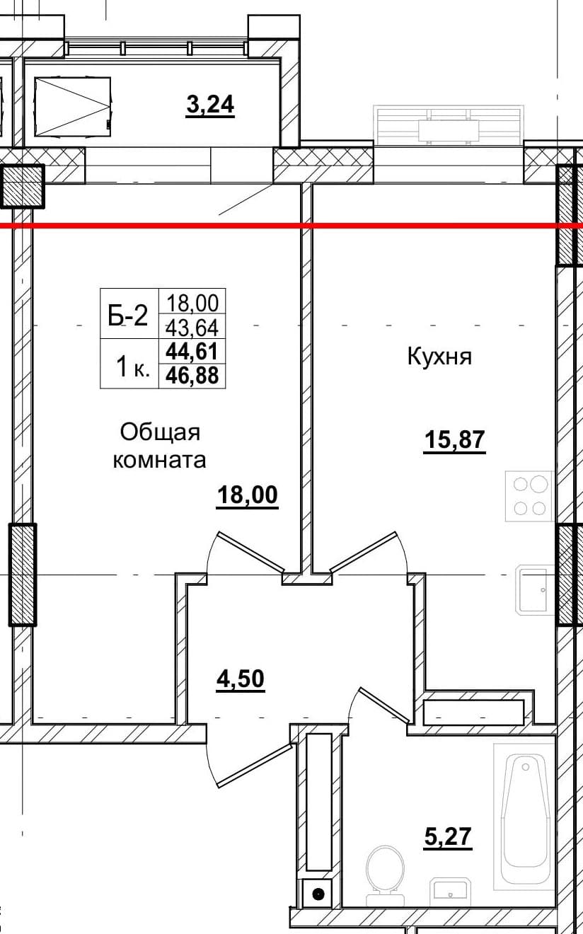 1 комн., 44.5 м²