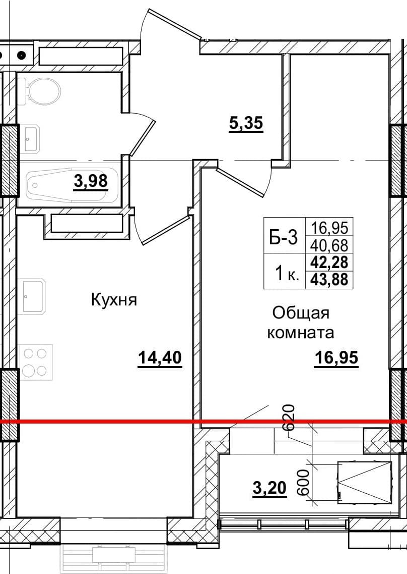 1 комн., 41.9 м²