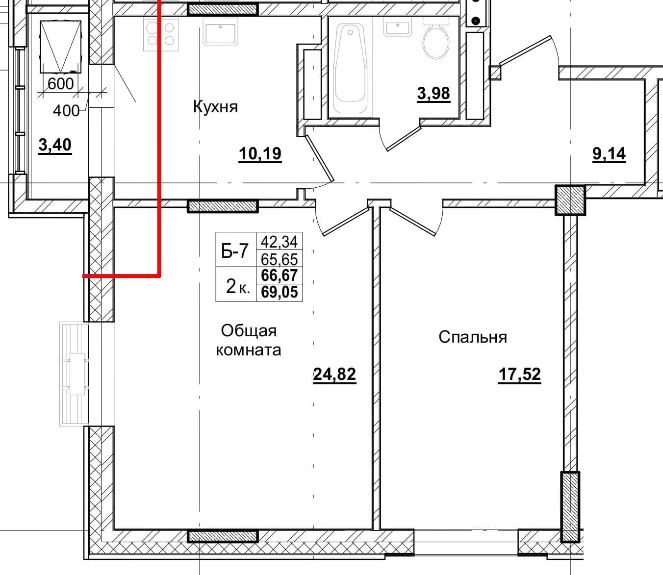 2 комн., 66.5 м²