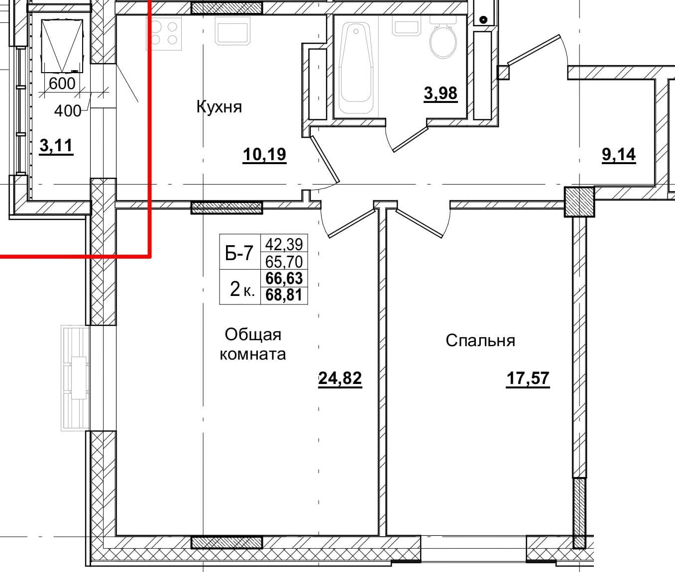 2 комн., 66.5 м²