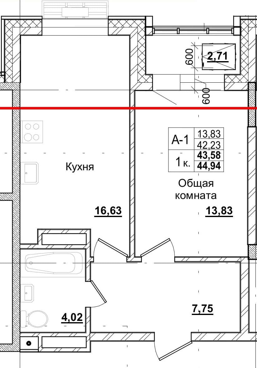 1 комн., 43.0 м²