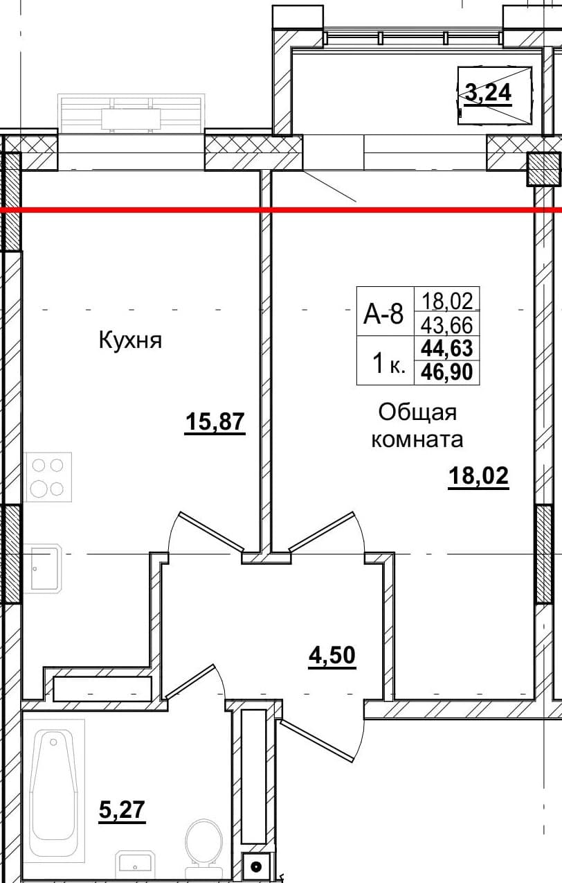 1 комн., 44.2 м²