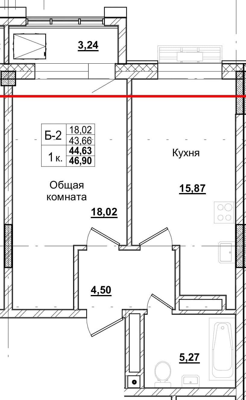 1 комн., 44.2 м²