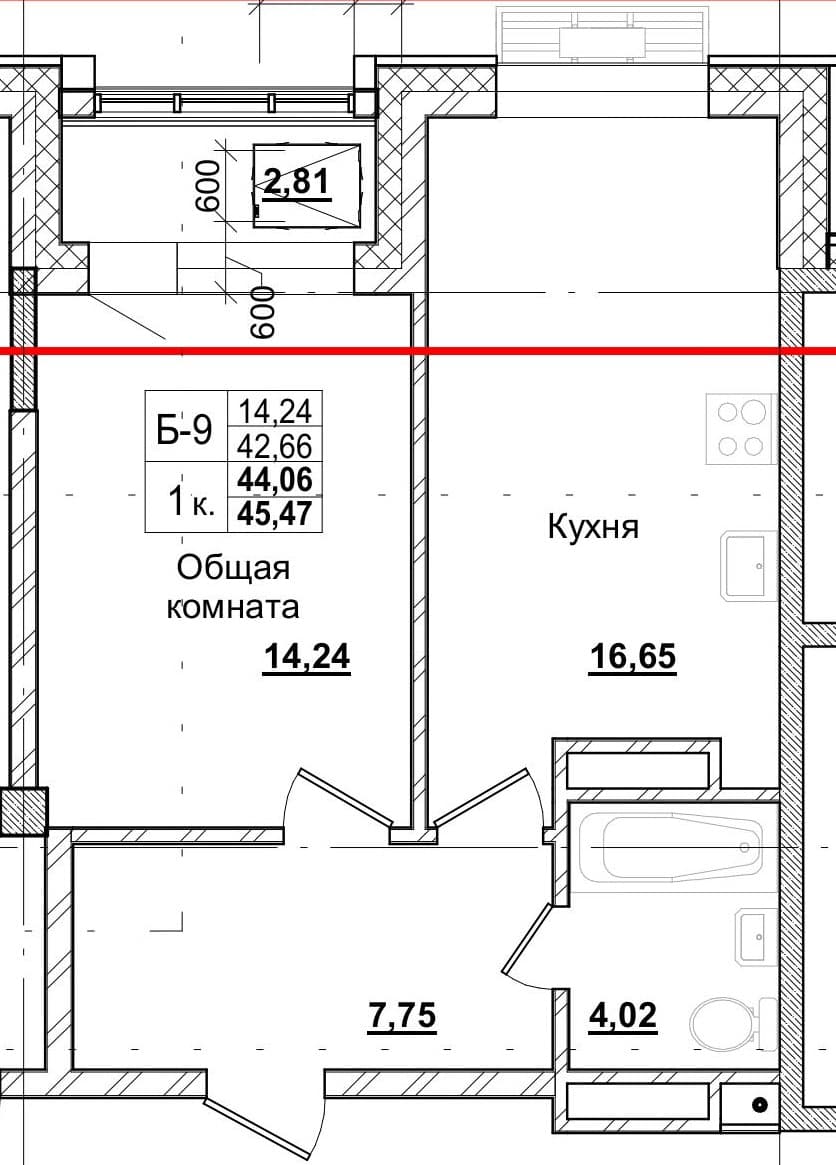 1 комн., 43.8 м²