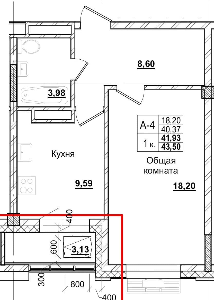 1 комн., 39.4 м²