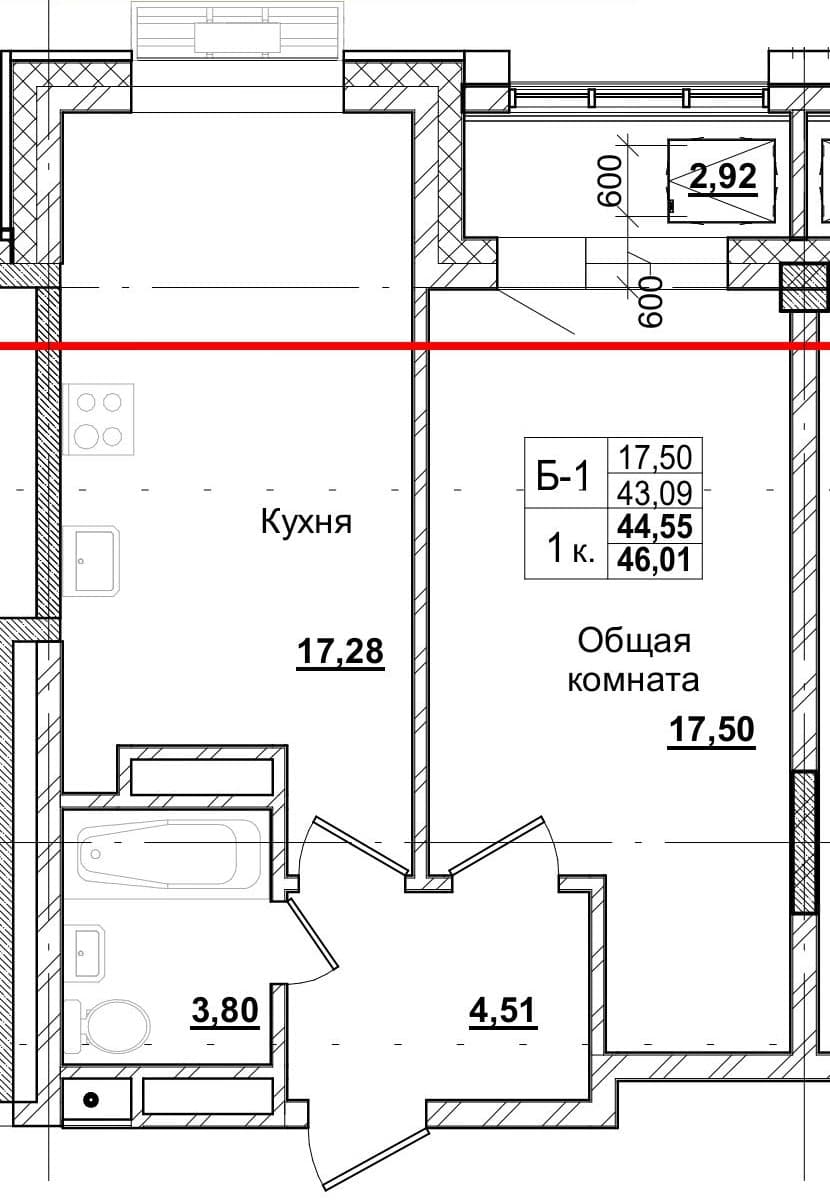 1 комн., 44.2 м²