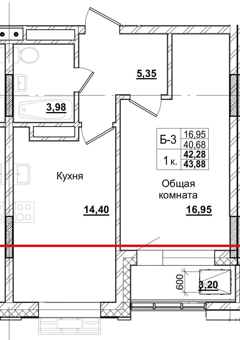 1 комн., 41.9 м²