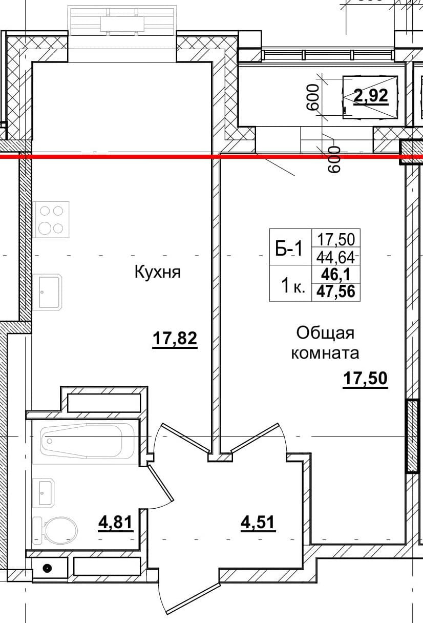 1 комн., 44.1 м²