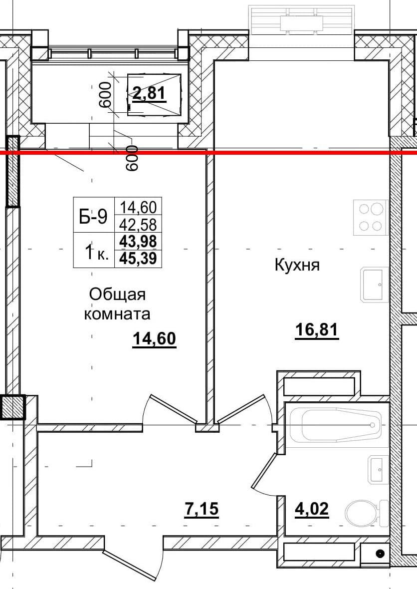 1 комн., 43.3 м²