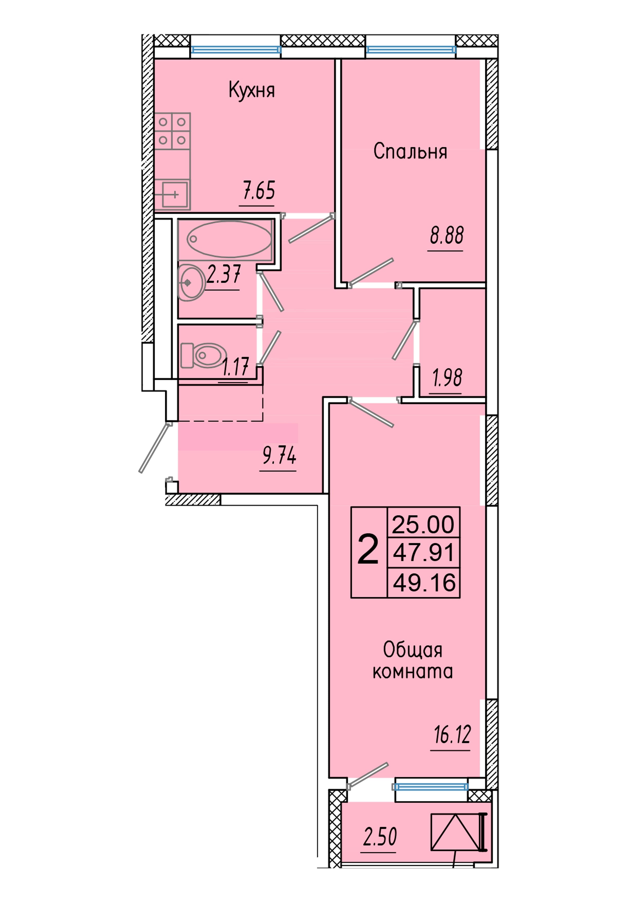 2 комн., 49.2 м²