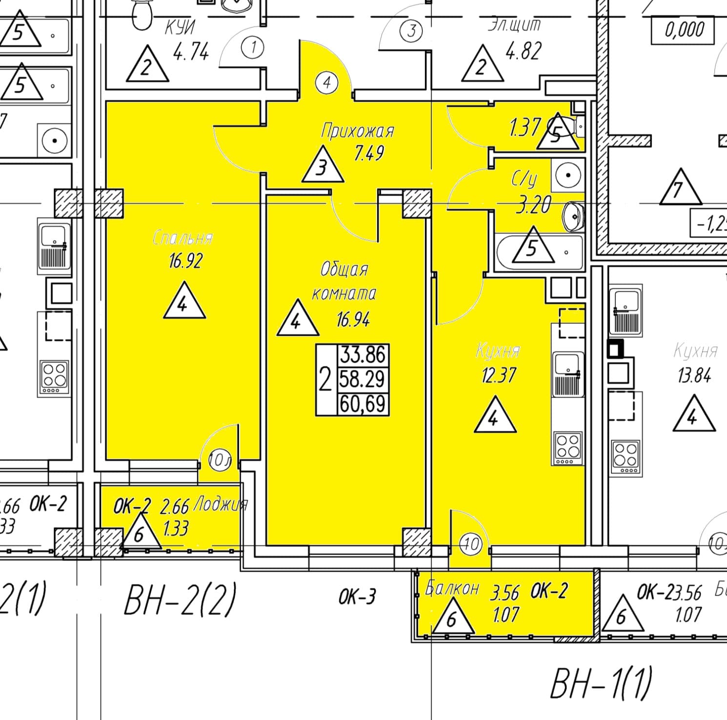 2 комн., 60.7 м²