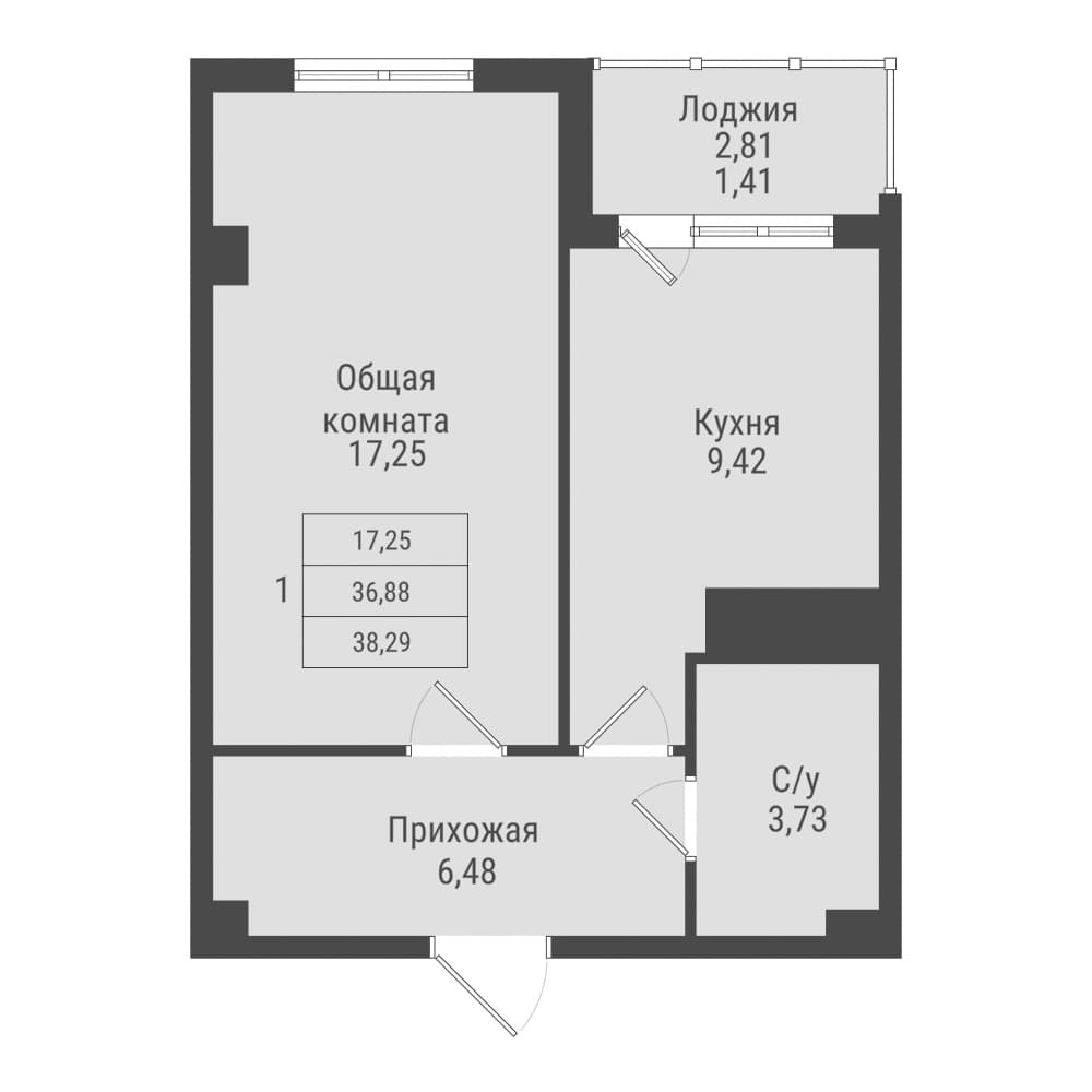1 комн., 38.3 м²