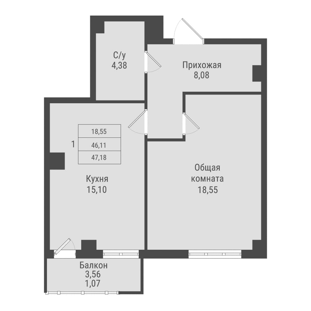 1 комн., 47.2 м²