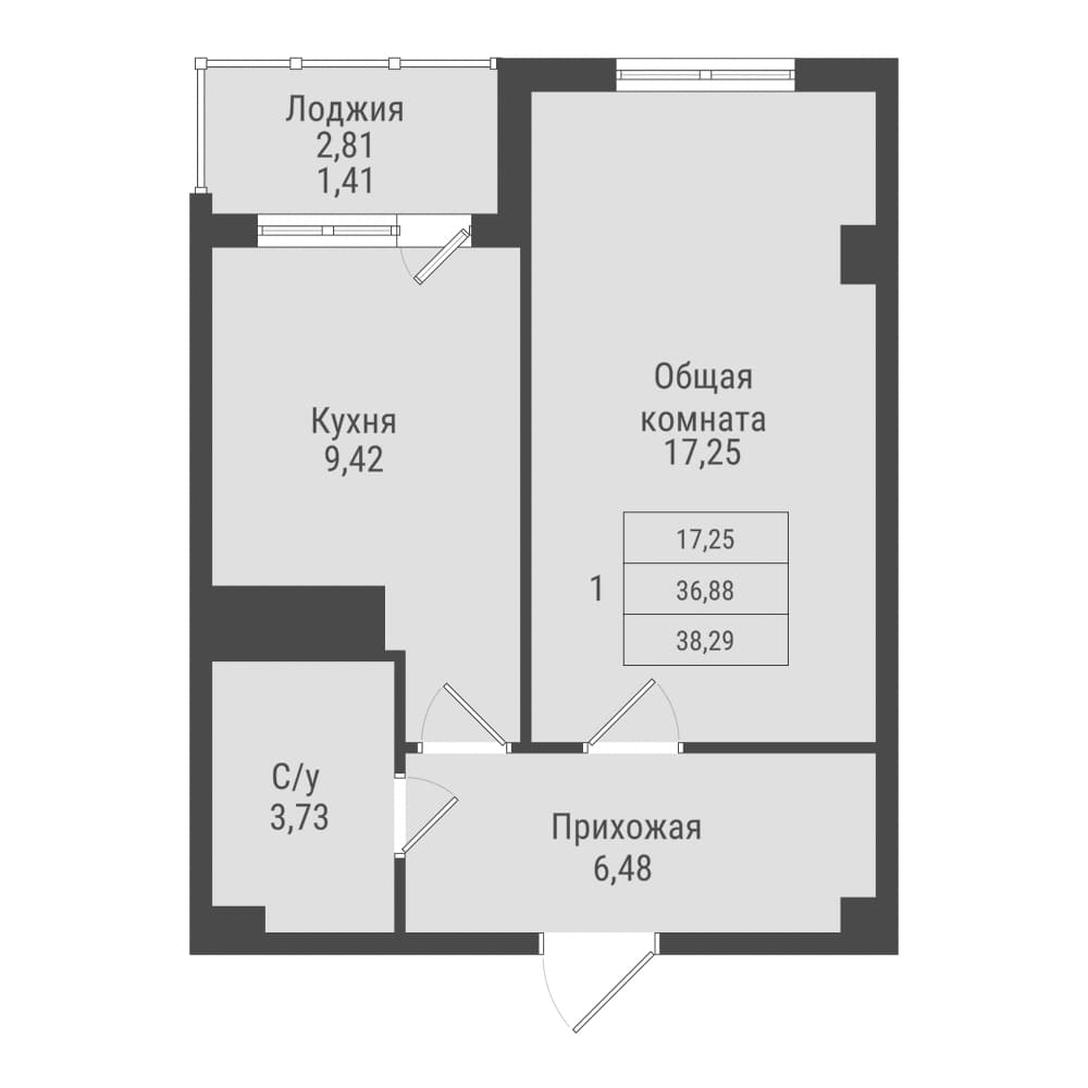 1 комн., 38.3 м²