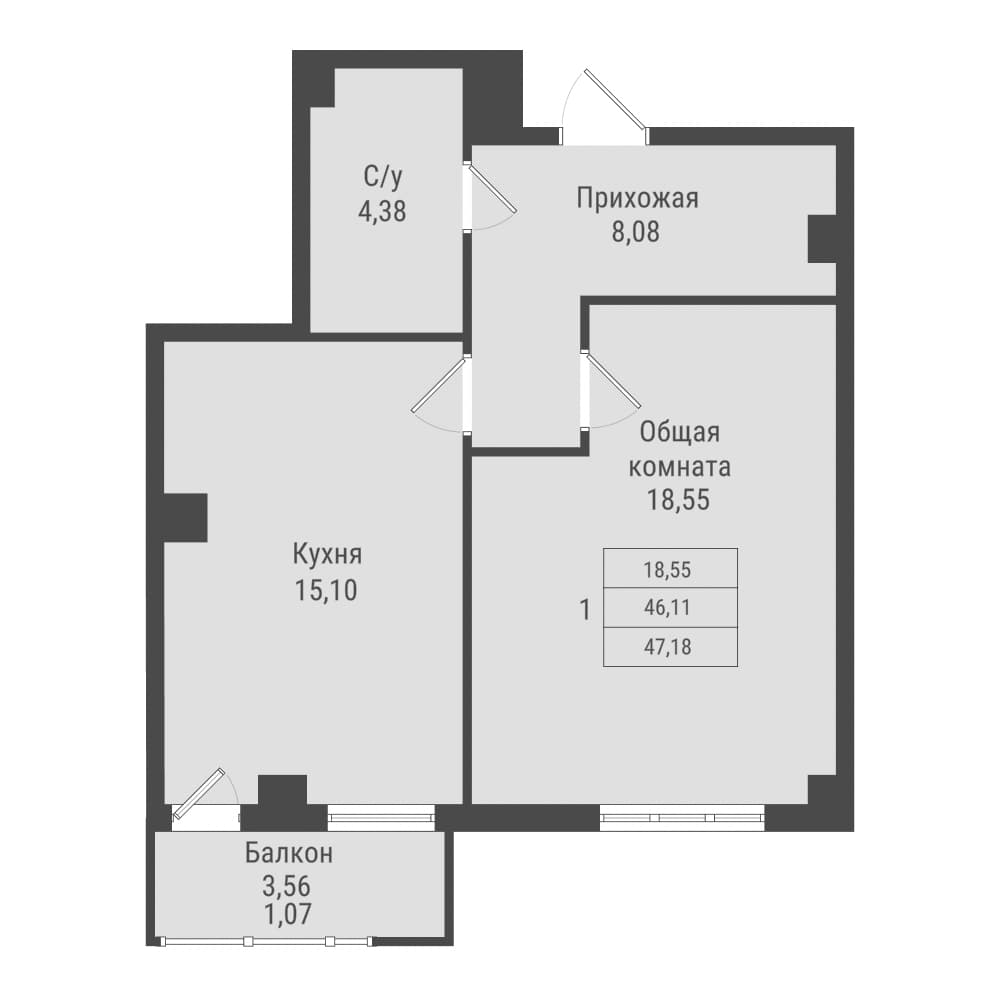 1 комн., 47.2 м²