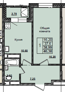 1 комн., 39.0 м²