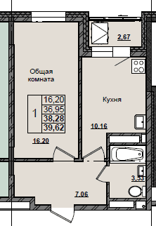 1 комн., 38.3 м²