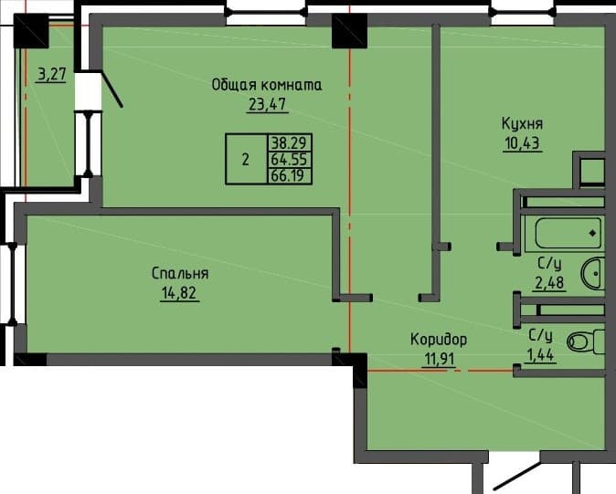 2 комн., 66.2 м²
